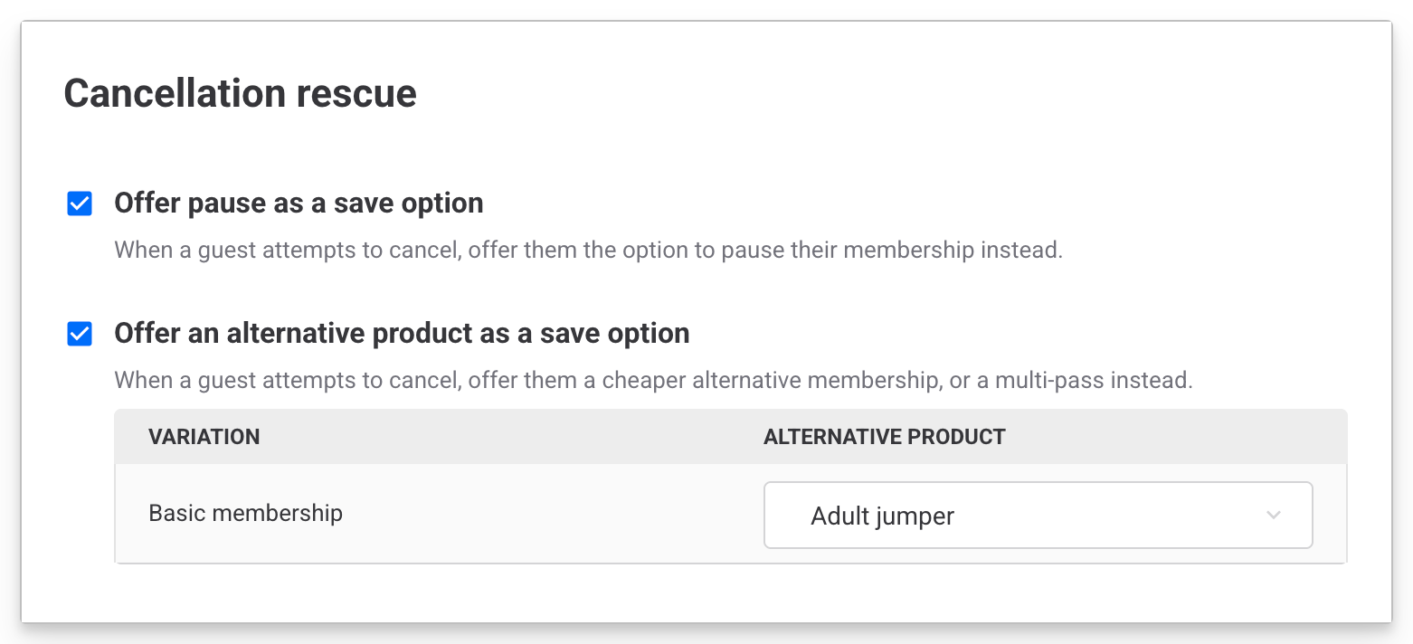 Options for membership cancellation, including pause and alternative product offers.